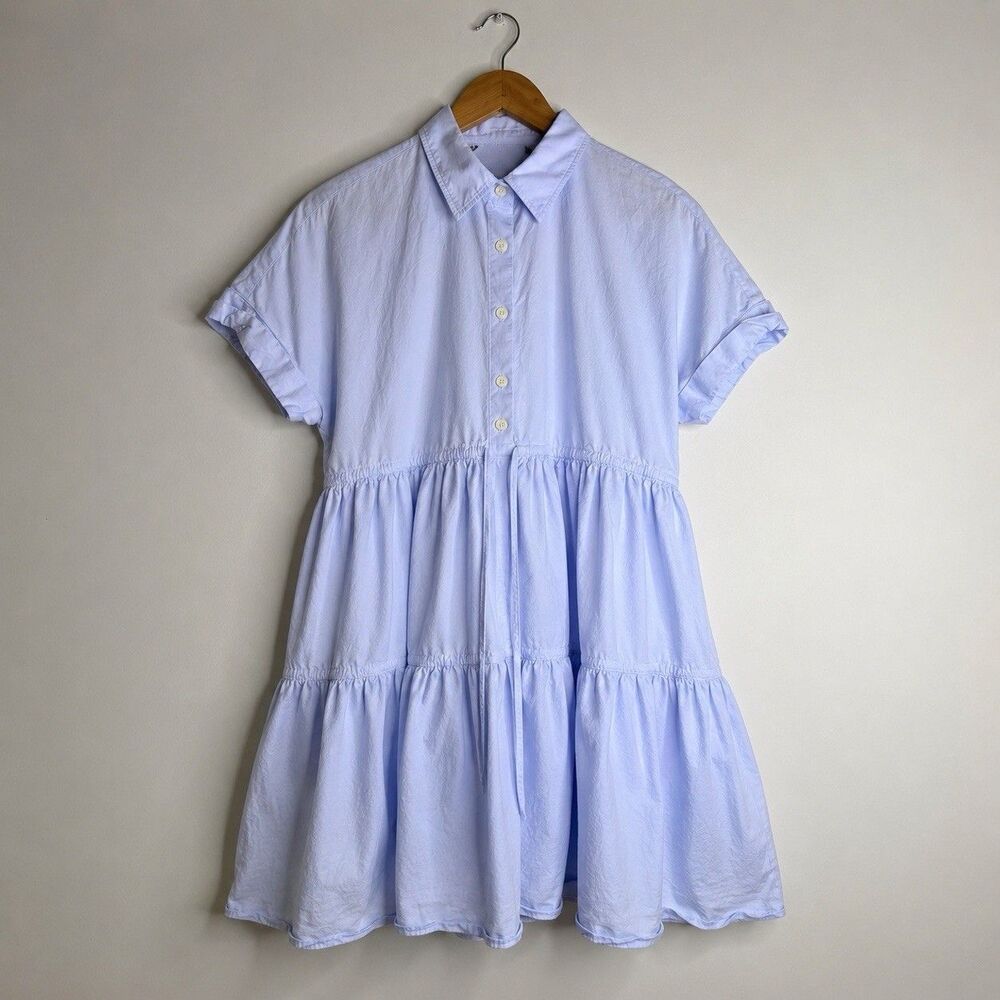 Zara Light Blue Tiered Babydoll Shirt Dress Oversized Short Sleeve XS